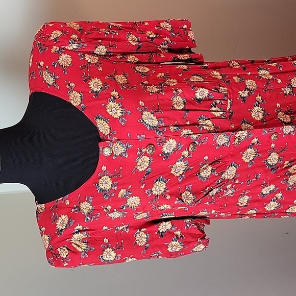 80s red sunflower maxi length summer dress with sleeves - Picture 3 of 6